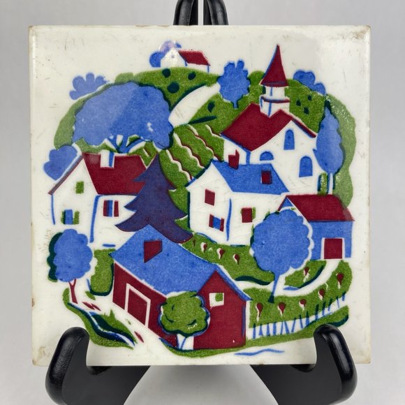 Vintage Wheeling Cushion Hand Painted Rural Village Scene 6" Square Tile Trivet - Picture 1 of 11